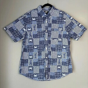 Lands End Large Lobster & Crab Patriotic Patchwork Short Sleeve Button Down Blue